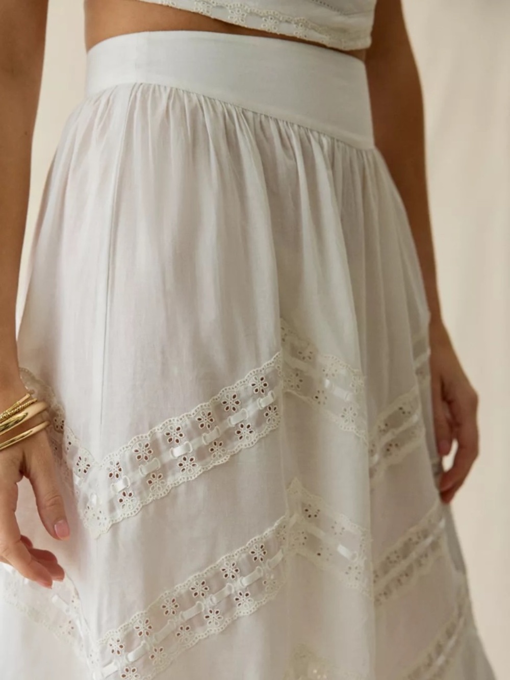 For Love & Lemons Lou Lace Trim Tiered Maxi Skirt | White | XS | NWT